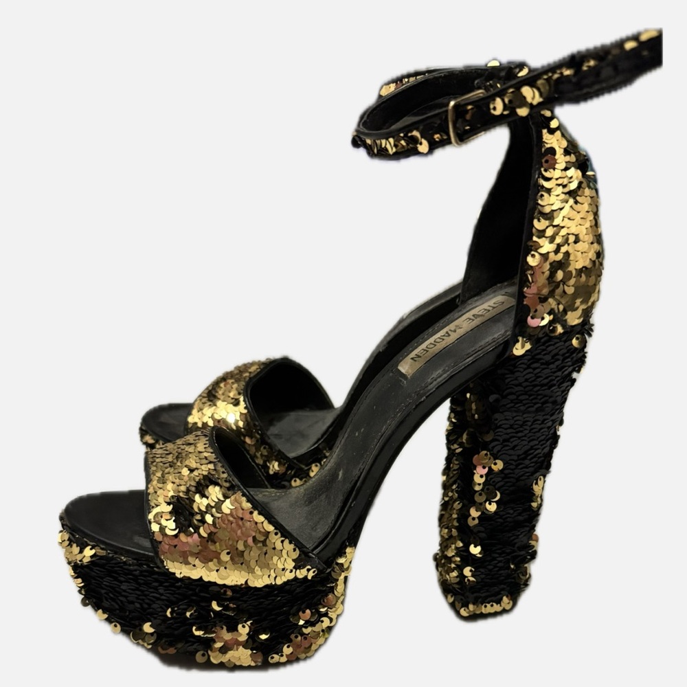 Steve Madden, Gold and Black Sequin Platform Heels